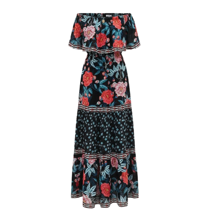 Floral Off-Shoulder Maxi Dress - Ankle-Length A-Line Asymmetrical Gown with Slash Neck