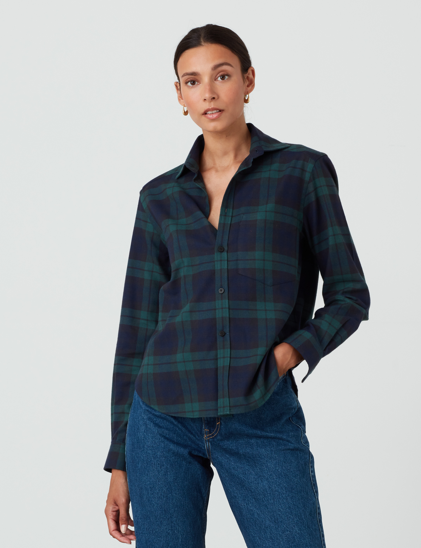 Women's Classic Fit Green Plaid Shirt - Soft Brushed Cotton and Merino Wool Blend