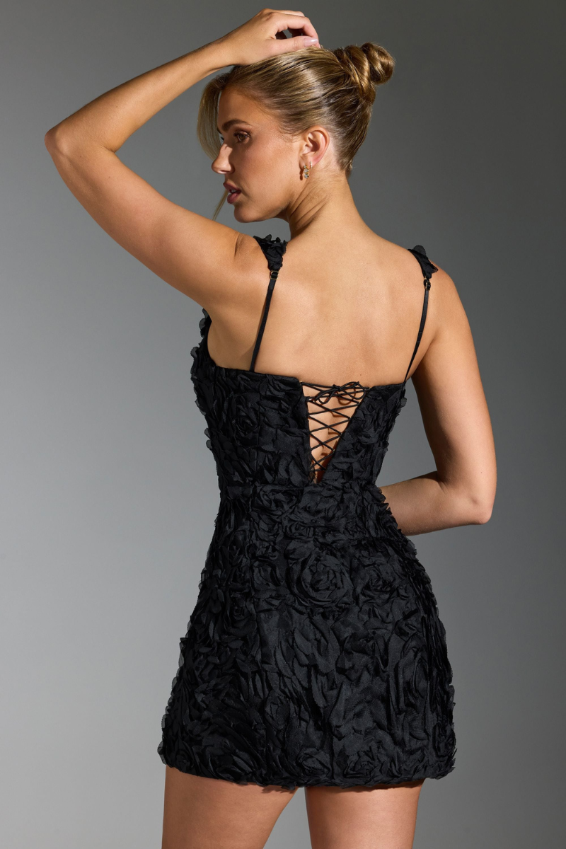 Elegant Textured Black Mini Dress with Square Neck Design