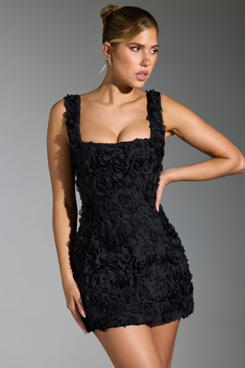 Elegant Textured Black Mini Dress with Square Neck Design