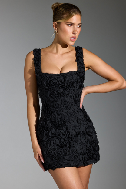 Elegant Textured Black Mini Dress with Square Neck Design