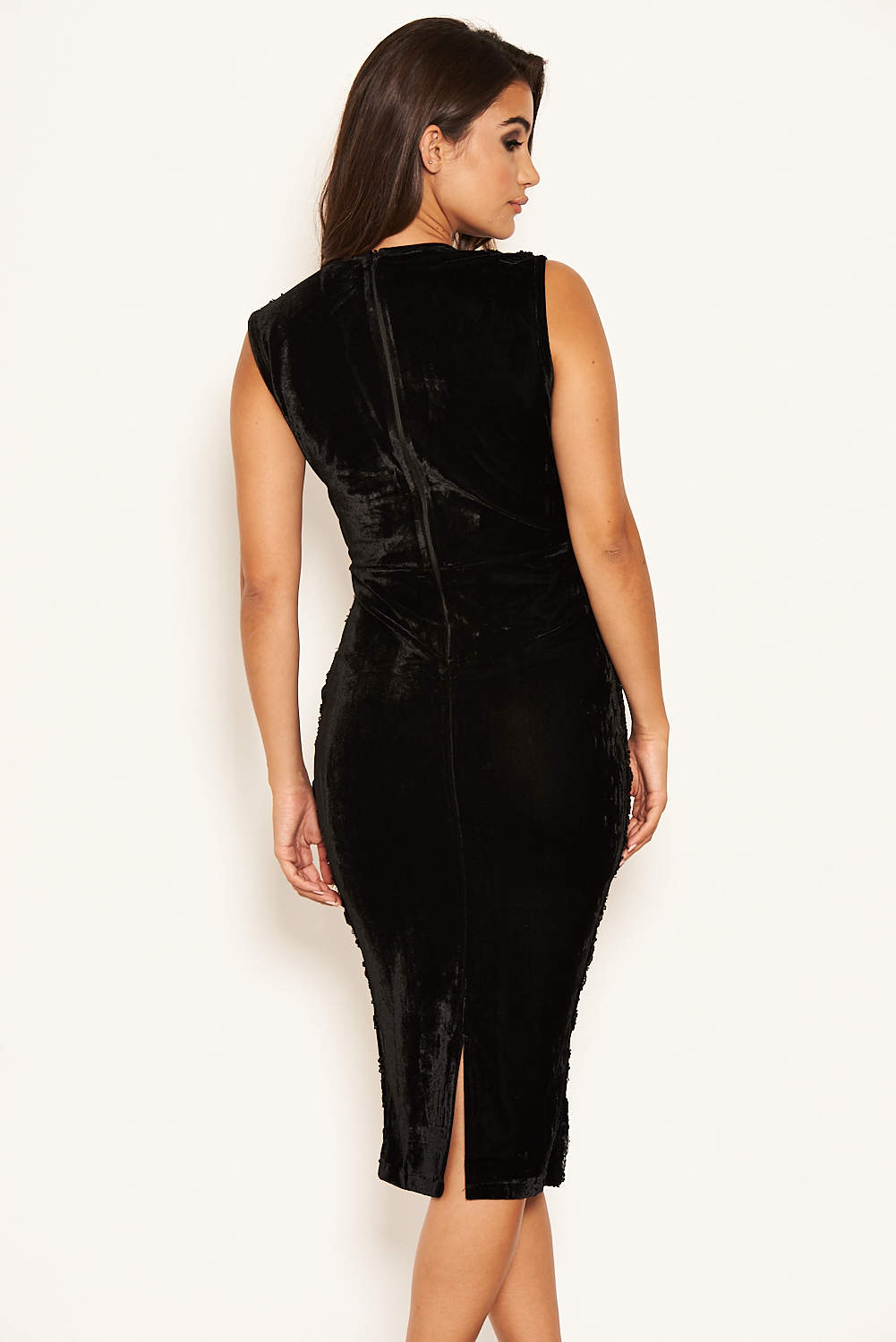 Elegant Black Velvet Midi Dress with Sequin Detail for Special Occasions