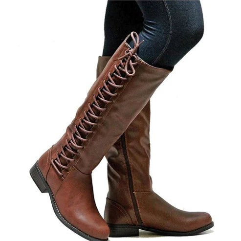 Stylish Women's Knee-High Lace-Up Boots with Low Heel and Side Zip Closure