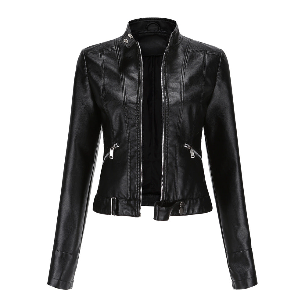 Stylish Women's Leather Jacket with Zipper, High Collar, and Adjustable Belt