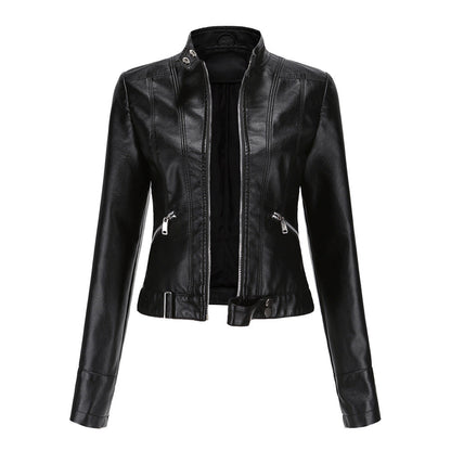 Stylish Women's Leather Jacket with Zipper, High Collar, and Adjustable Belt