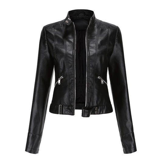 Stylish Women's Leather Jacket with Zipper, High Collar, and Adjustable Belt
