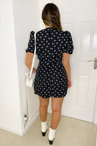 Floral Print Pleated Wrap Dress for Women - Black with Polka Dots