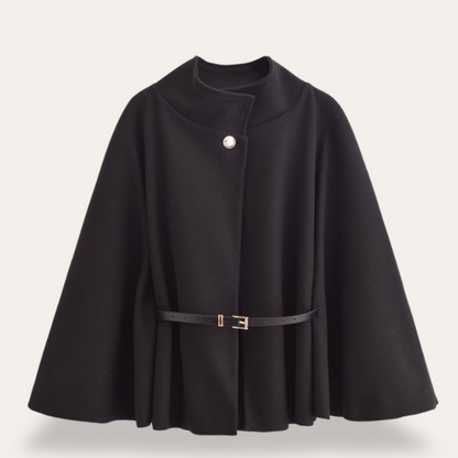 Women's High Neck Belted Cape Coat with Button Closure - Elegant Outerwear for Fall and Winter