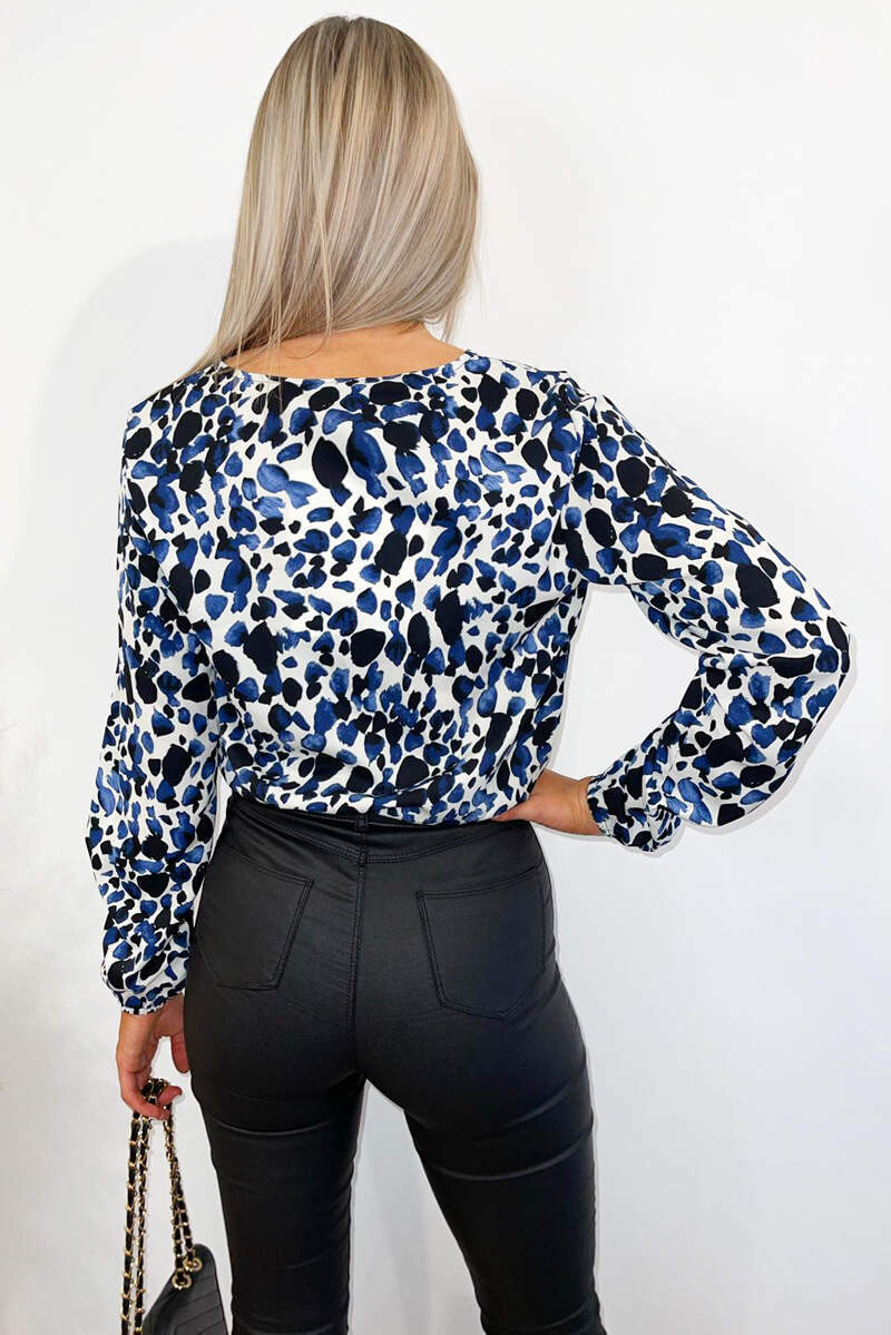 Women's Blue Floral Print Wrap Bodysuit - Stylish and Comfortable Fashion Top