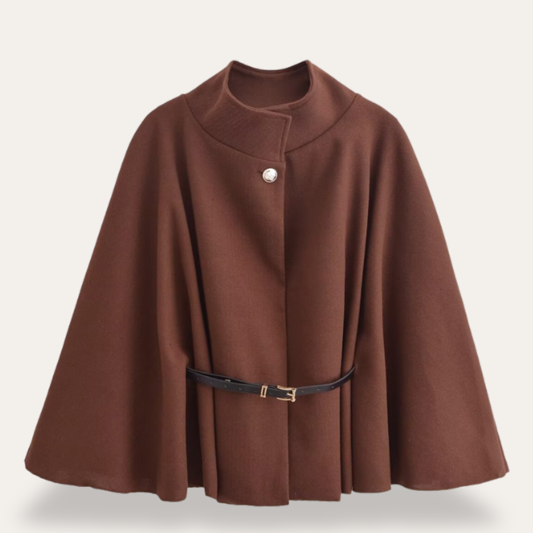 Women's High Neck Belted Cape Coat with Button Closure - Elegant Outerwear for Fall and Winter