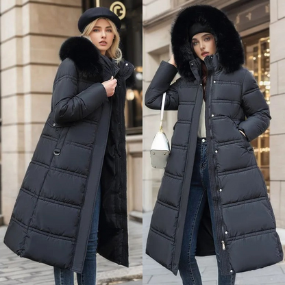 Women's Winter Padded Parka with Adjustable Drawstring Waist and Removable Fluffy Hood