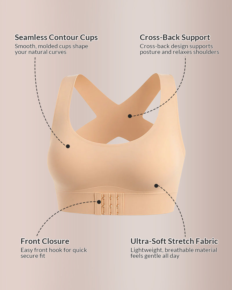 Adjustable Front Closure Cross-Back Wireless Posture Support Bra for Comfort and Alignment