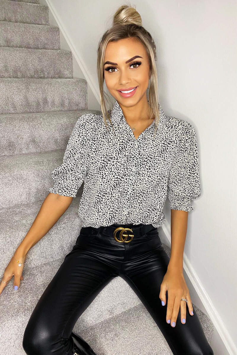 Cream Dalmatian Print Short Sleeve Women's Shirt - Stylish Casual Top