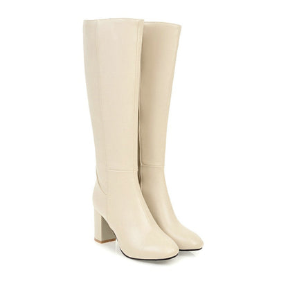 Stylish Women's Knee-High Block Heel Boots with Side Zip Closure