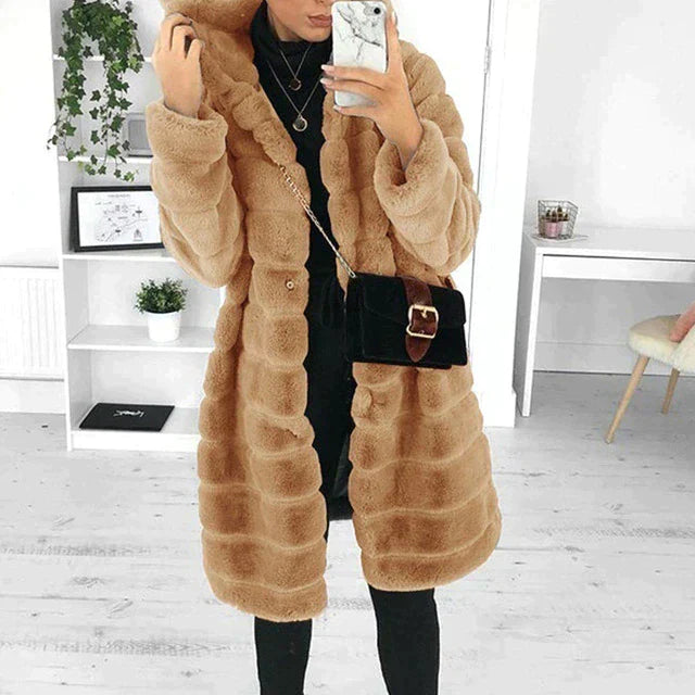 Women's Hooded Longline Winter Coat with Soft Fuzzy Texture