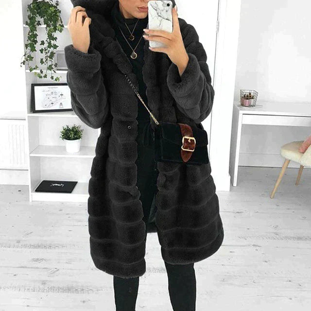 Women's Hooded Longline Winter Coat with Soft Fuzzy Texture
