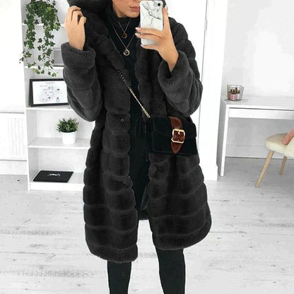 Women's Hooded Longline Winter Coat with Soft Fuzzy Texture