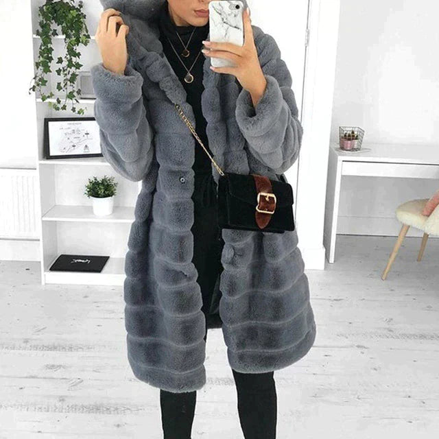 Women's Hooded Longline Winter Coat with Soft Fuzzy Texture