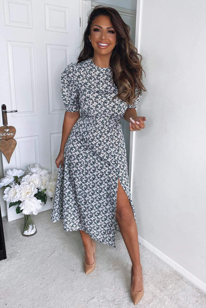 Cream Midi Dress with Daisy Print and Pleated Sleeves