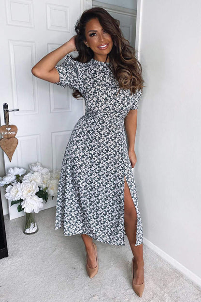 Cream Midi Dress with Daisy Print and Pleated Sleeves