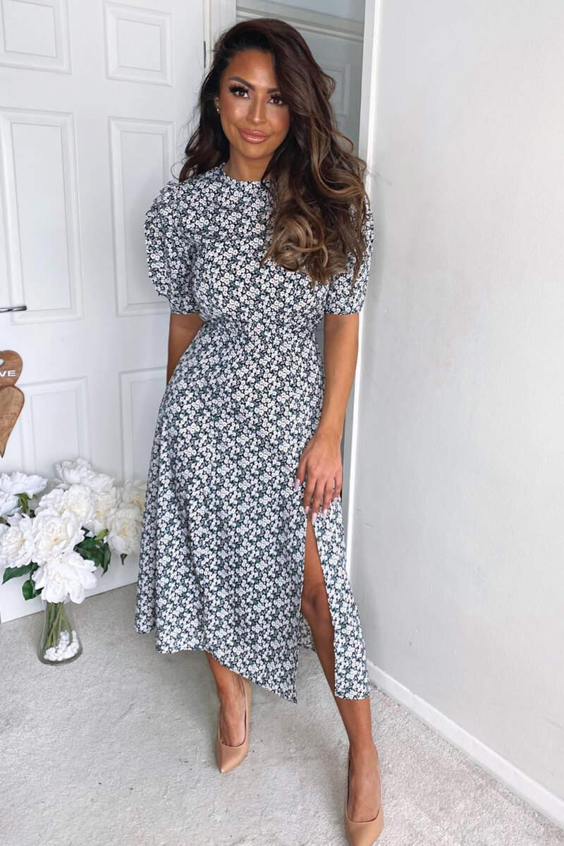 Cream Midi Dress with Daisy Print and Pleated Sleeves