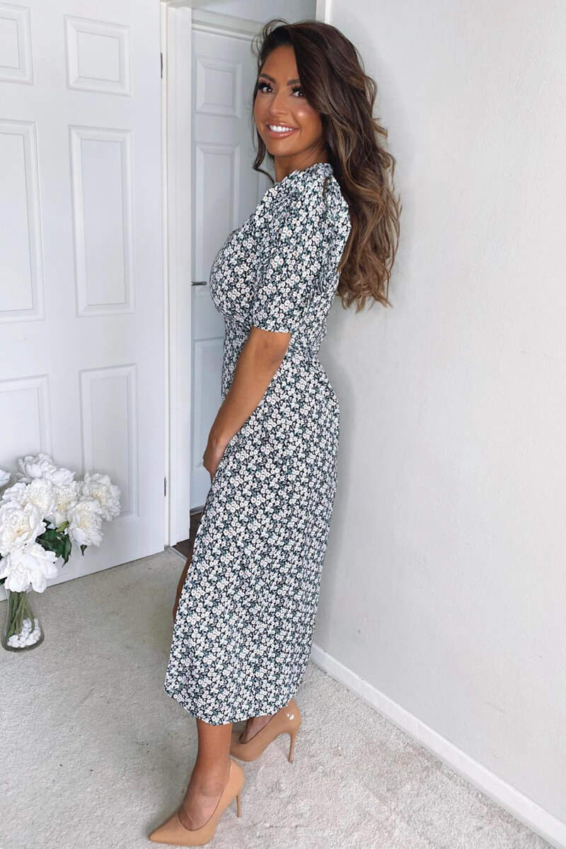 Cream Midi Dress with Daisy Print and Pleated Sleeves