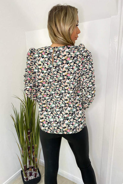 Women's Floral Ruched Long Sleeve Blouse - Stylish and Comfortable Top