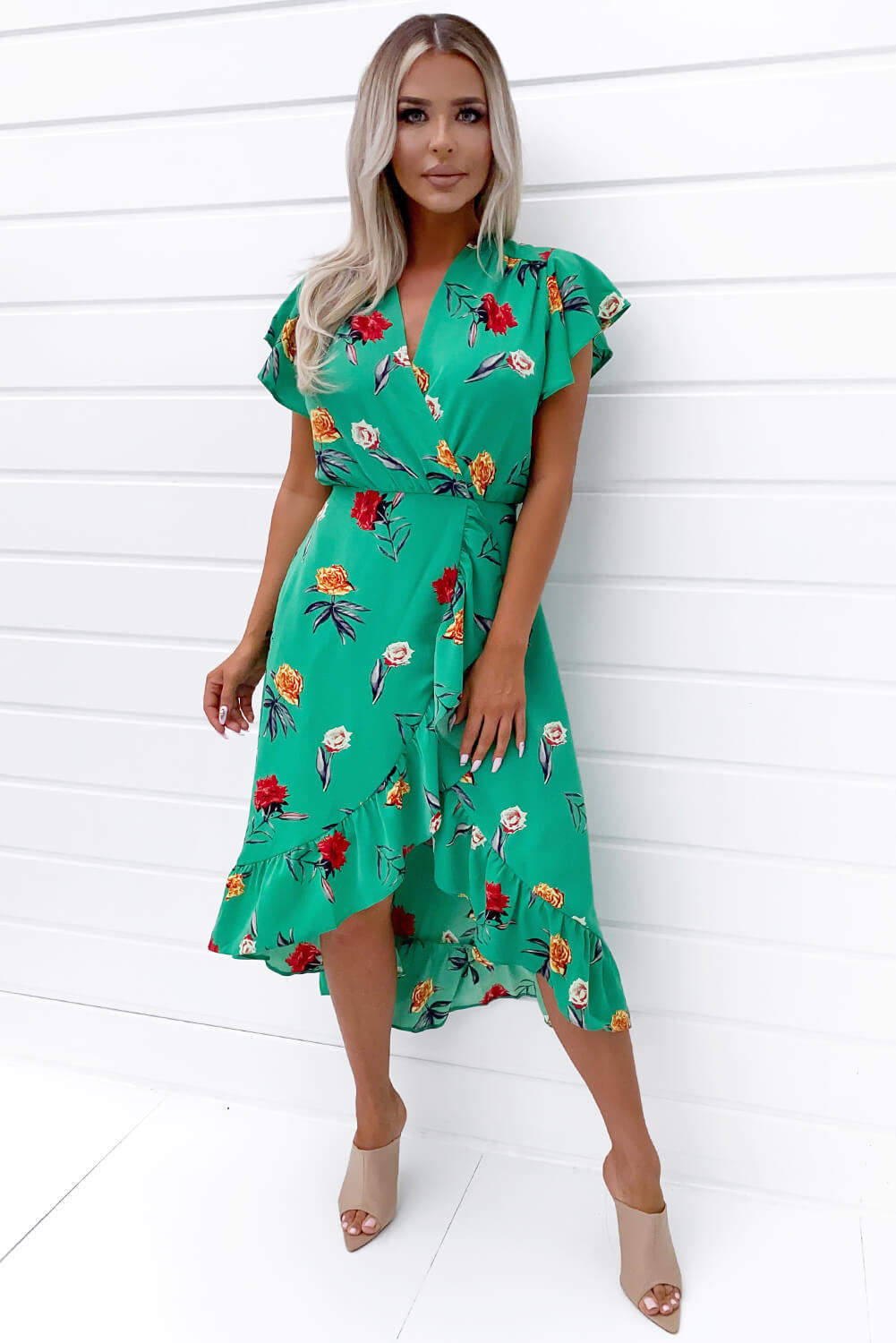 Women's Green Floral Frill Midi Dress - Elegant Summer Fashion