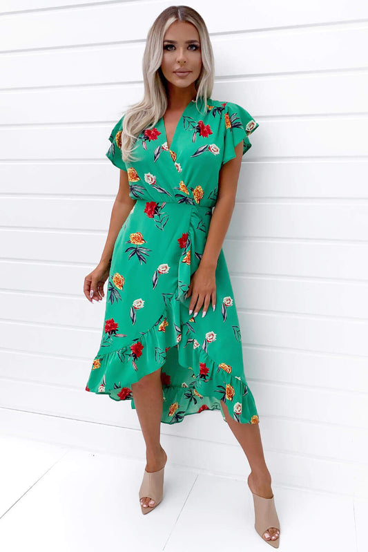 Women's Green Floral Frill Midi Dress - Elegant Summer Fashion