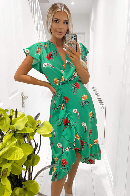 Women's Green Floral Frill Midi Dress - Elegant Summer Fashion