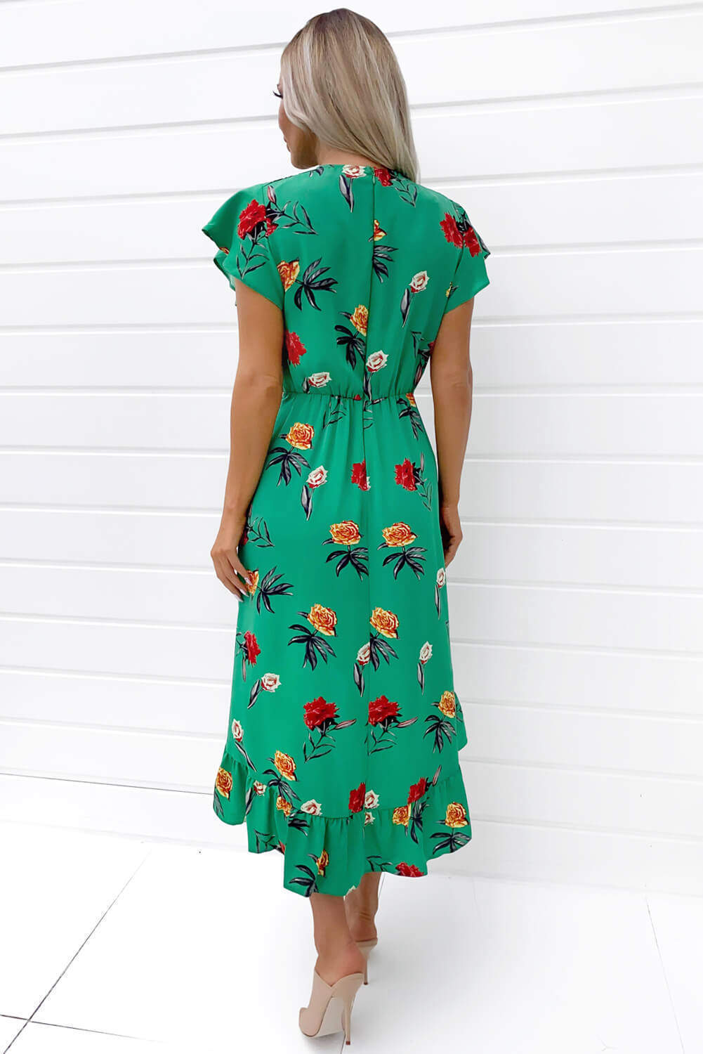 Women's Green Floral Frill Midi Dress - Elegant Summer Fashion