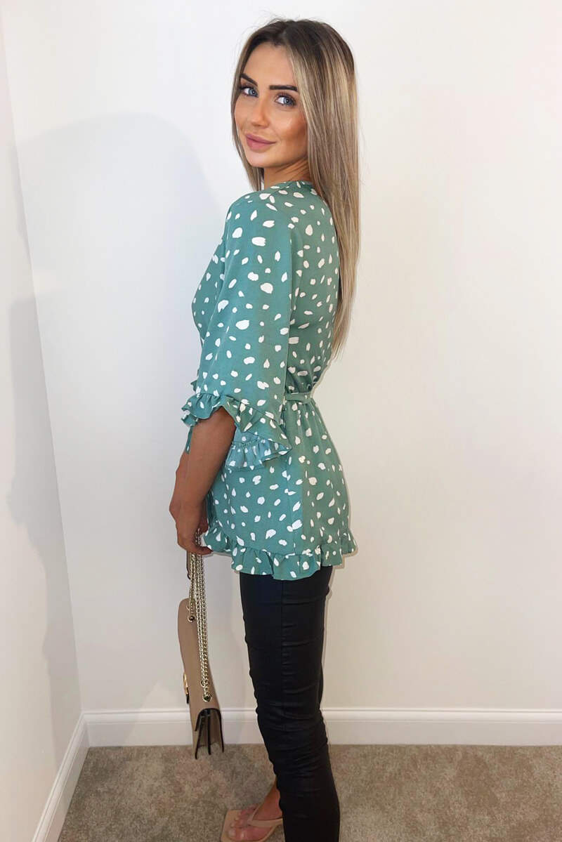 Women's Green Floral Print Wrap Top with Frill Sleeves - Stylish Summer Blouse