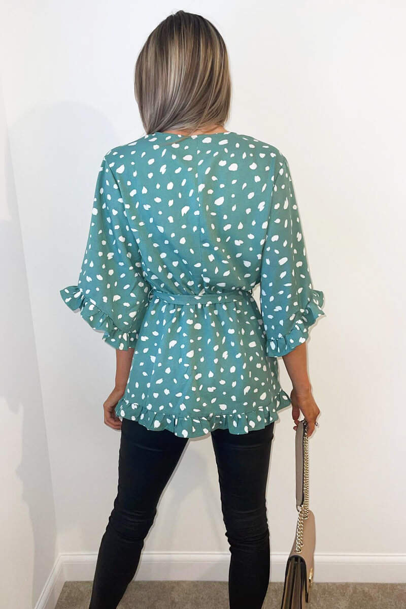 Women's Green Floral Print Wrap Top with Frill Sleeves - Stylish Summer Blouse