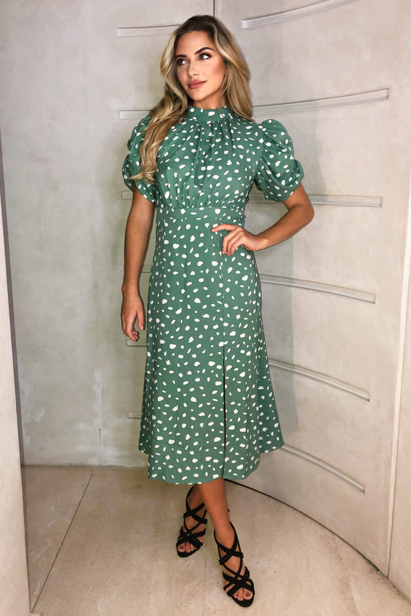 Women's Green Printed Midi Dress with Ruched Short Sleeves