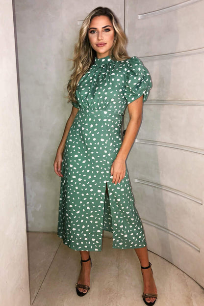 Women's Green Printed Midi Dress with Ruched Short Sleeves
