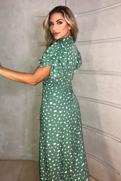 Women's Green Printed Midi Dress with Ruched Short Sleeves