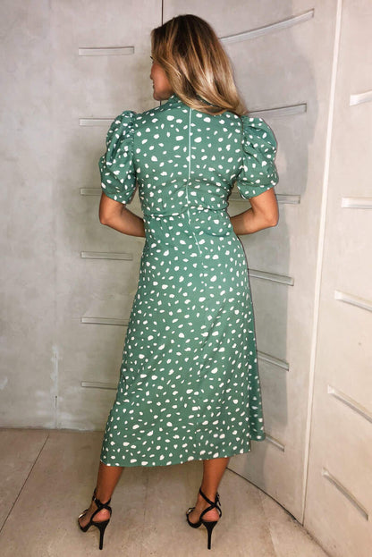Women's Green Printed Midi Dress with Ruched Short Sleeves