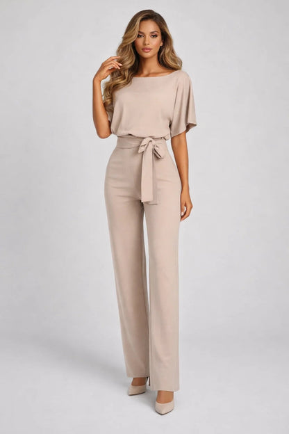 Ladies' Jumpsuit - Wide Leg with Belt and Boat Neck | Elegant