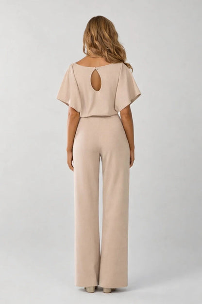 Ladies' Jumpsuit - Wide Leg with Belt and Boat Neck | Elegant