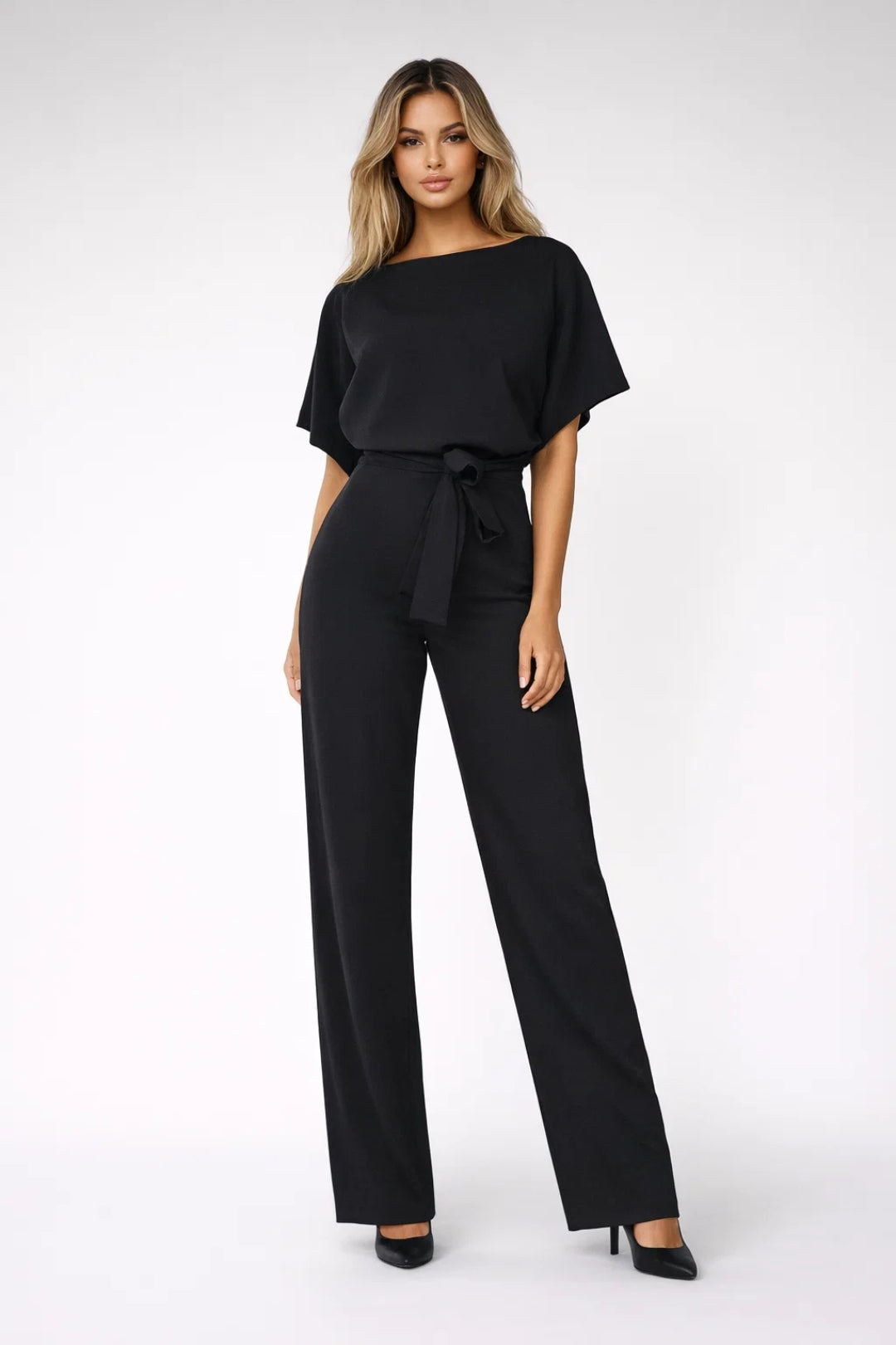 Ladies' Jumpsuit - Wide Leg with Belt and Boat Neck | Elegant