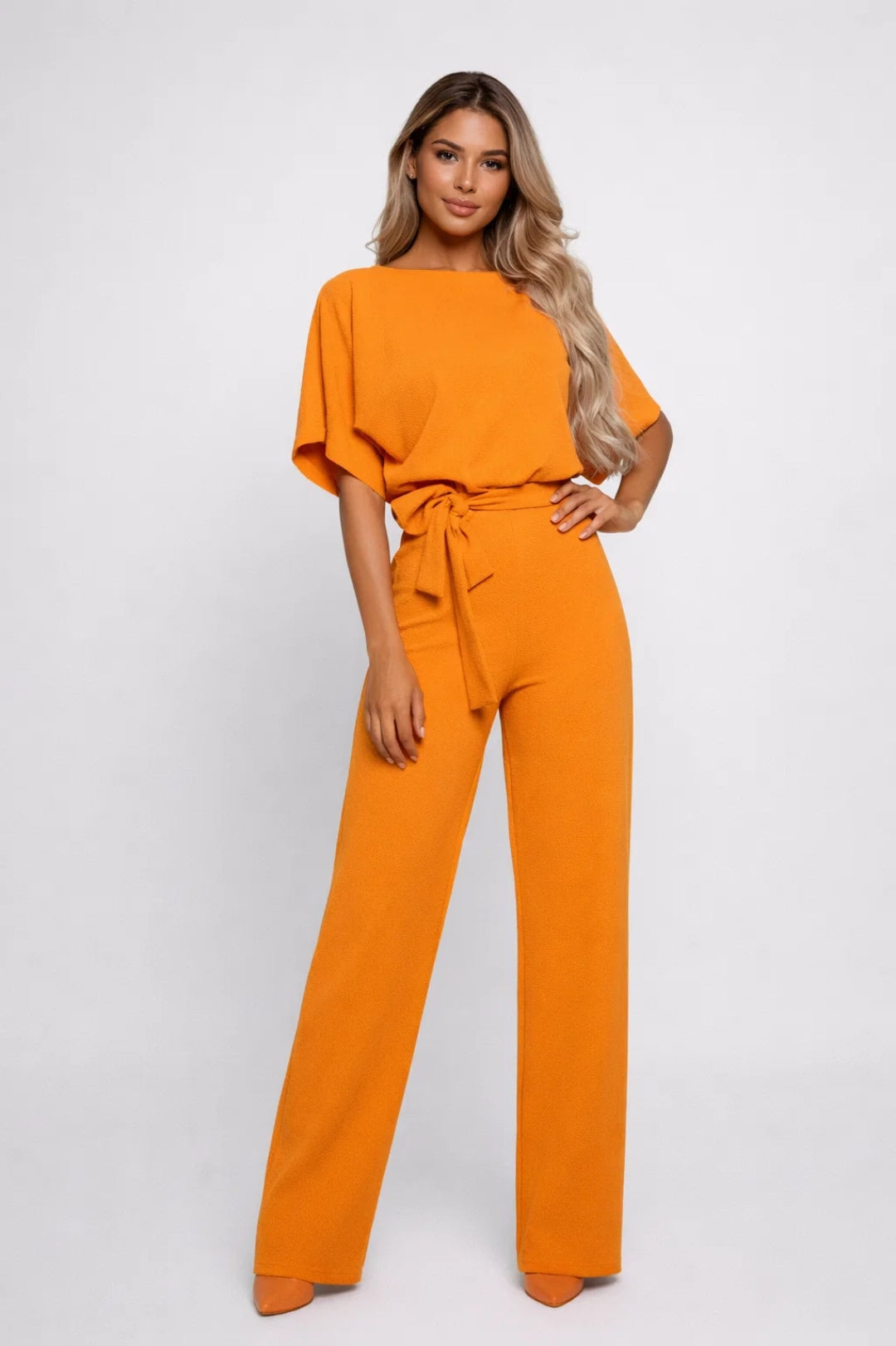 Ladies' Jumpsuit - Wide Leg with Belt and Boat Neck | Elegant