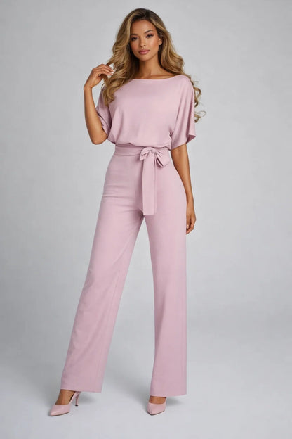 Ladies' Jumpsuit - Wide Leg with Belt and Boat Neck | Elegant