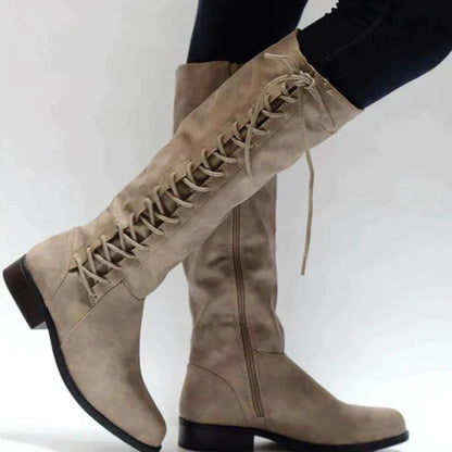 Stylish Women's Knee-High Lace-Up Boots with Low Heel and Side Zip Closure
