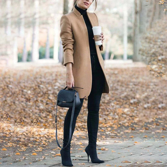 Stylish Women's Long Wool Trench Coat with Stand Collar and Tailored Fit for Elegant Outerwear