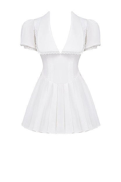Bette | Mini Dress with V-Neck and Pleated Skirt White