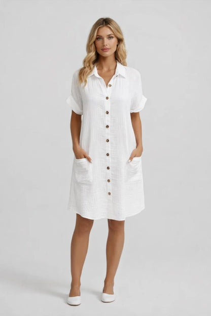 Women’s Midi Dress - Shirt Style with Button Closure and Short Sleeves for Summer