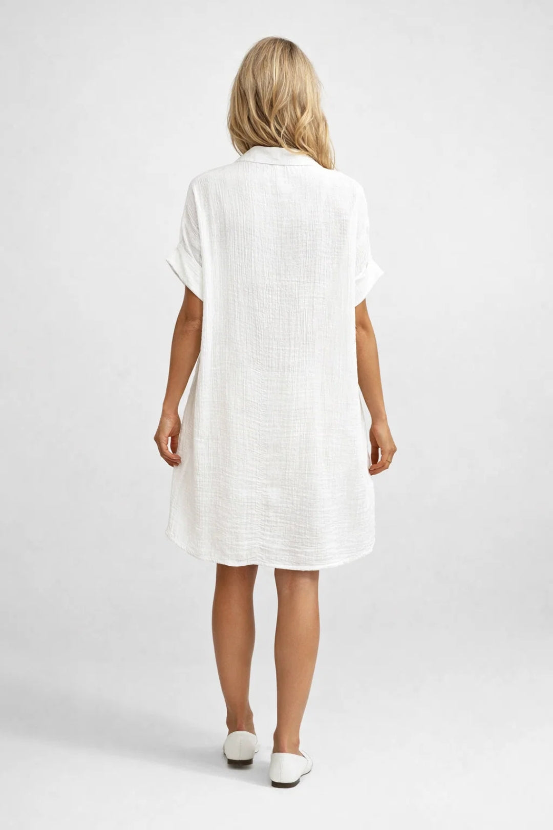 Women’s Midi Dress - Shirt Style with Button Closure and Short Sleeves for Summer