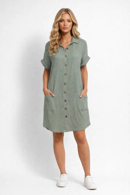 Women’s Midi Dress - Shirt Style with Button Closure and Short Sleeves for Summer