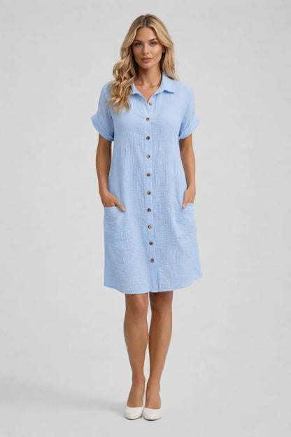 Women’s Midi Dress - Shirt Style with Button Closure and Short Sleeves for Summer
