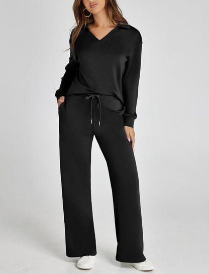 Women's Comfortable Two-Piece Outfit with Zip-Neck Top and Wide-Leg Pants